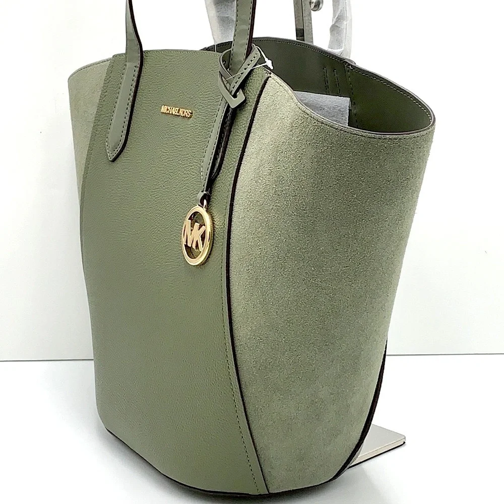 MICHAEL KORS PORTIA LARGE TOTE ARMY GREEN COLOR Pebbled leather/ suede